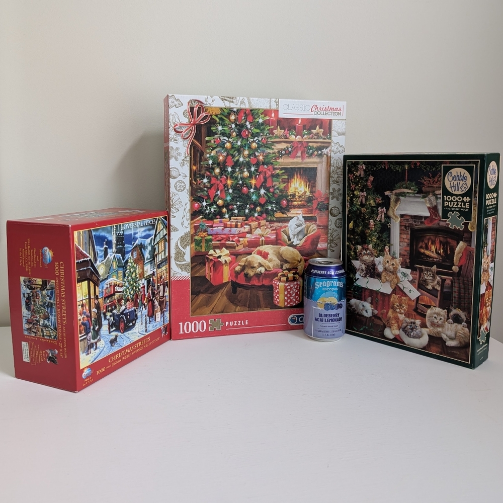 BUNDLE 3 Christmas Holiday Jigsaw Puzzle 1000 PC Fireside Dog Cat London Streets - Picture 3 of 15